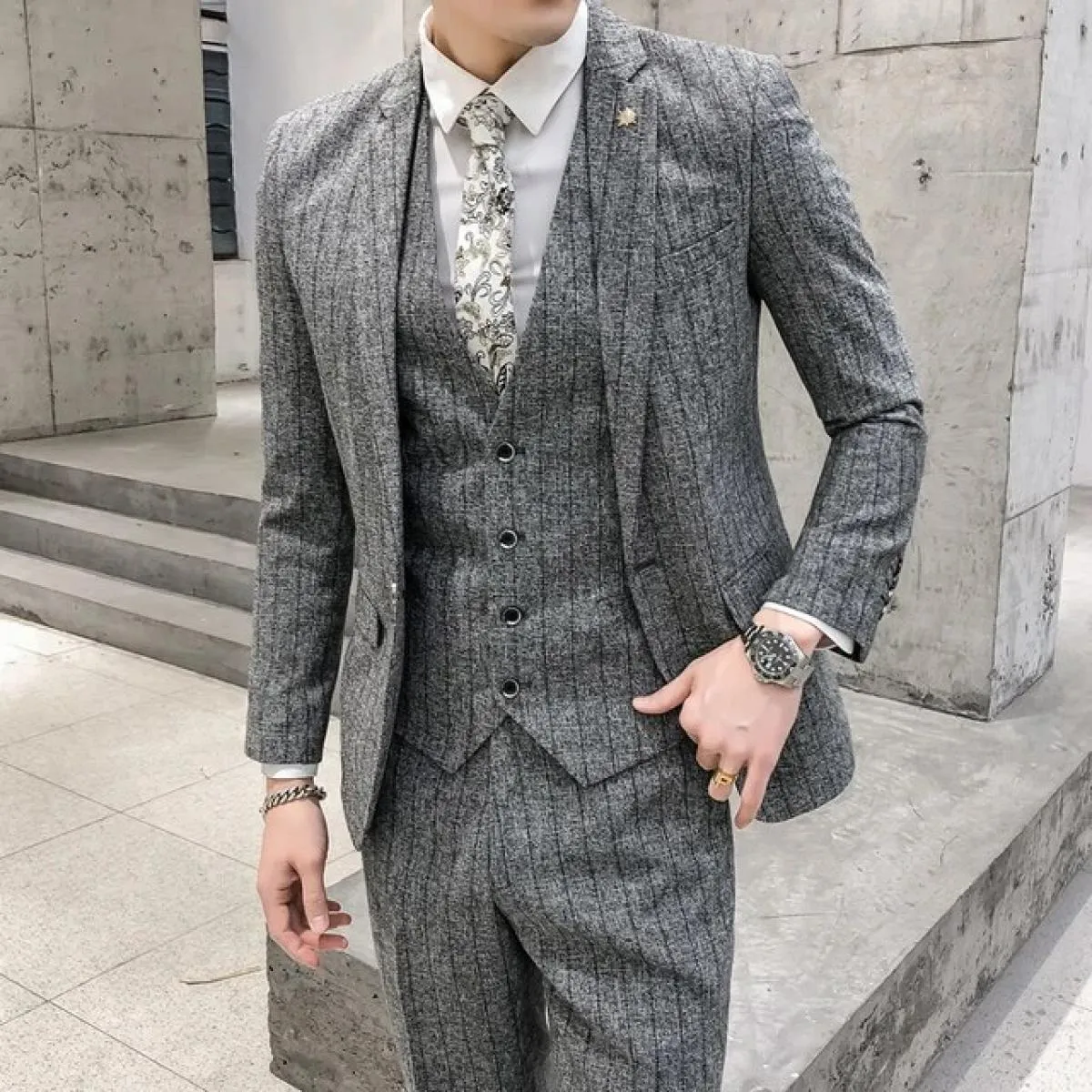 2023 Giacca + Gilet + Pantaloni Boutique di moda da uomo Abito da lavoro formale scozzese Slim Stripe Blazer da sposa Cappotto P