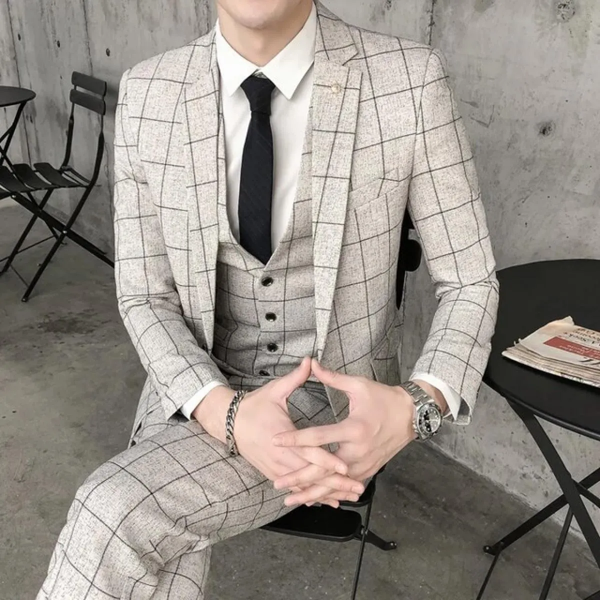 2023 Giacca + Gilet + Pantaloni Boutique di moda da uomo Abito da lavoro formale scozzese Slim Stripe Blazer da sposa Cappotto P