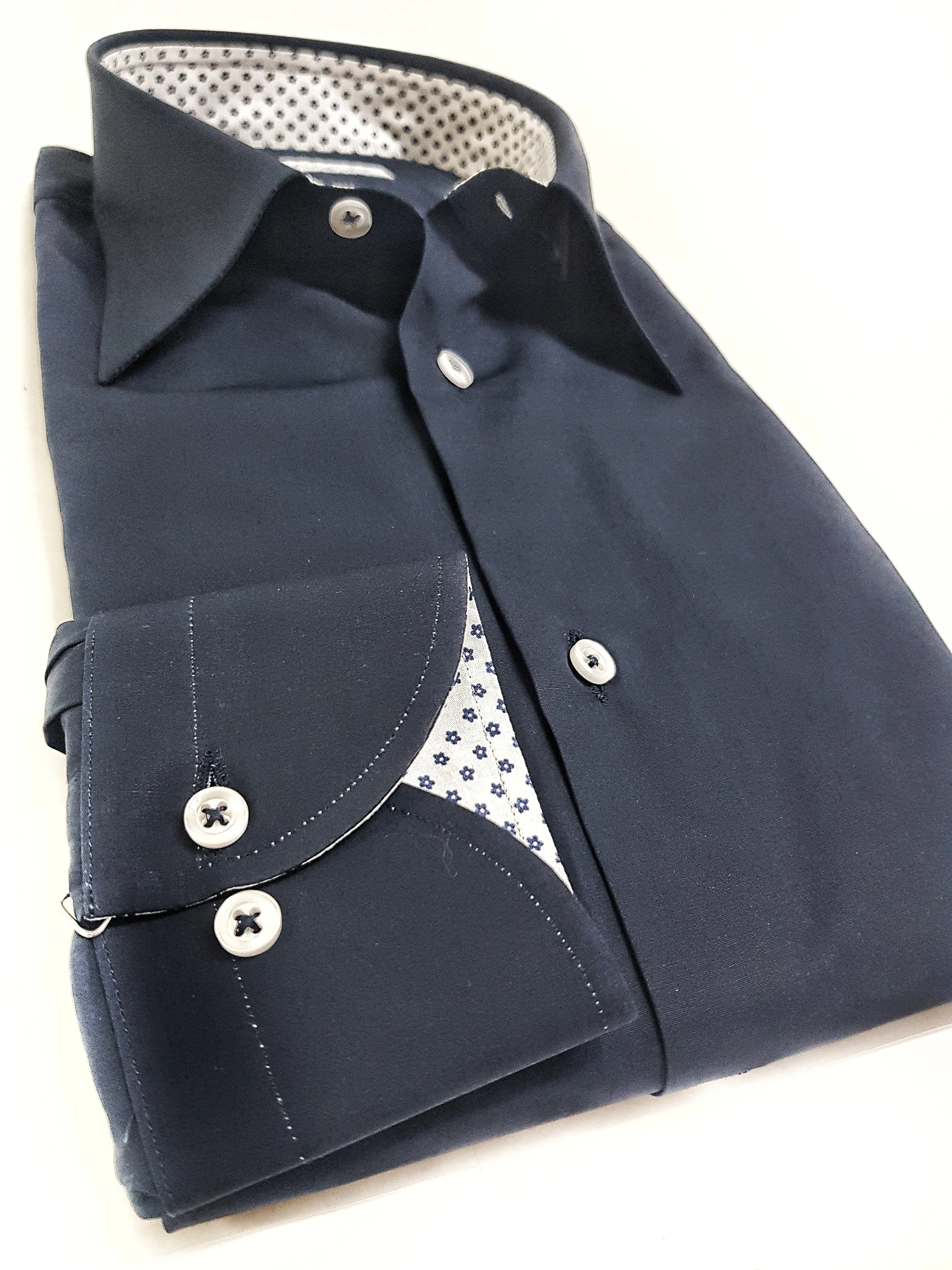 Camicia blu popeline con inserti fantasia floreale cotone made in italy
