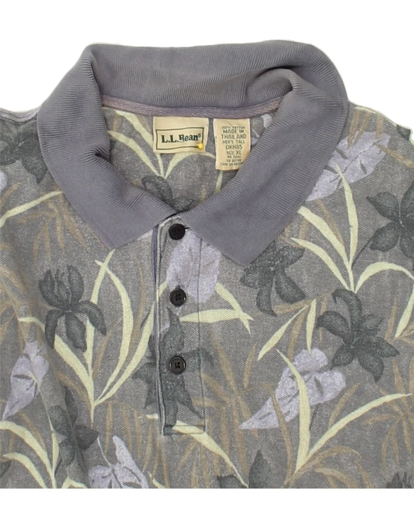 L.L.BEAN Mens Polo Shirt XL Grey Floral Cotton
