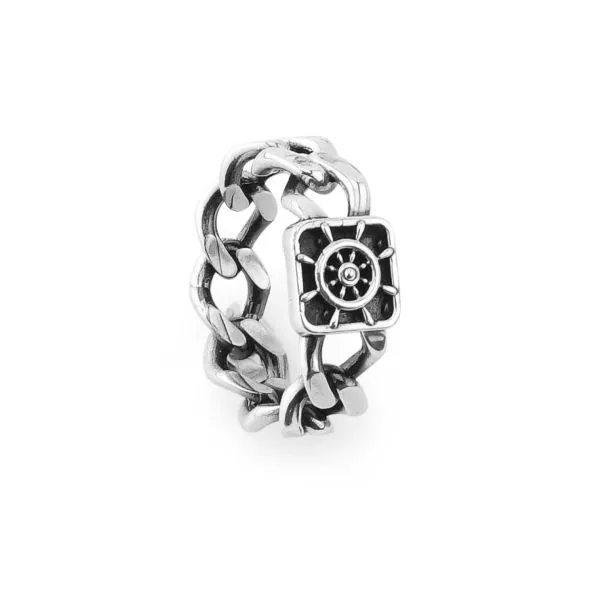 MAN017 Anello a fascia con maglia grumetta e centrale quadrato con timone     