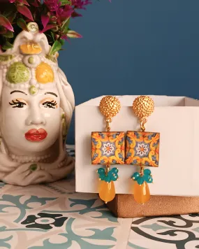 Orecchini Siciliani con Mattonelle in Ceramica di Caltagirone e Quarzo Citrino